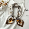 Close-up of silk-textured square scarf with vintage butterfly and feather prints on cream base - Fj459-2 / 70*70cm