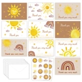 10-piece boho thank you card set with watercolor sun and rainbow designs, envelopes and stickers - Bohemian Sun Style (KP27-E)