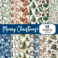 Detalle de 12 hojas de papel para scrapbook navideño con diseños de acuarela a mano - Estilo Papá Noel Y Pino (G056-B)