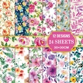24 sheets of watercolor floral scrapbook paper 30x30cm featuring 12 unique garden designs - 30x30cm / Watercolor Floral Foliage Style (MJ008)