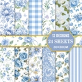 24-sheet 30x30cm blue hydrangea scrapbook paper set featuring 12 floral and pattern designs - Fresh Sky Blue (MJ001)