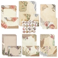 Set cancelleria vintage floreale con fogli di carta, buste e adesivi in layout a griglia - Set Collage Vintage / 24 Fogli di Carta da Lettera + 24 Buste + 24 Adesivi