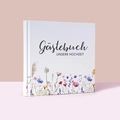 Wit linnen gastenboek met aquarel bloemen en elegante goudkleurige Duitse tekst - Wit Fris Bloemenstijl (G048-D)
