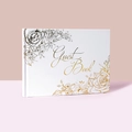 Elegant white guest book with gold floral illustration and hardcover linen texture - White Gold Bronzing Floral Style (G048-G)