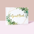 White and gold linen guest book with elegant eucalyptus leaf and geometric design - White Eucalyptus Geometric Style (G048-H)