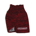 Close-up of knit neck warmer with red and black texture and thick gray fleece lining - Burgundy
