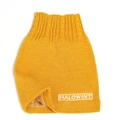 Detail of yellow knit neck warmer with thick brown fleece lining and HALOWINT embroidery - Yellow