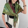 Elegant vintage green silk scarf with geometric patterns worn as a chic shawl - Retro Green Abstract Plant Style (FE57-1)