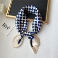 Elegant blue and white checkerboard satin silk scarf displayed with luxury props - 70x70cm / Beige and Navy Checkerboard (FJ473-4)