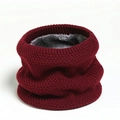 Detail of burgundy knitted neck warmer with thick grey fleece lining for winter warmth - Burgundy