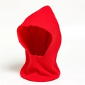 Detailed view of the red knitted balaclava hood featuring ribbed neck texture and soft yarn - Red