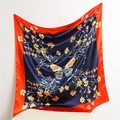 Elegant 90cm butterfly and floral print square silk scarf with orange and navy borders - Navy Blue Red Edge (FT163-1)