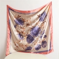 Elegant floral silk satin scarf for women with purple flowers and pink borders - Champagne Base Purple Flower (FT160-1)