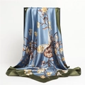 Elegant misty blue butterfly silk scarf with yellow floral patterns and green borders - Fog Blue Army Green Edge (FT163-2)