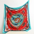 Detail of red Chinese style silk scarf with dragon totem and classical patterns - 90*90cm / Lake Green Border Style (FT165-2)