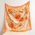 Detailed view of large floral satin silk square scarf with orange and cream patterns - Warm Orange Large Flower (FT160-2)