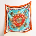Flat lay of a 90cm square silk scarf with orange borders and blue mandala patterns - 90*90cm / Orange Yellow Border Style (FT165-3)