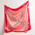 Detailed view of the pink butterfly and floral pattern on a silky satin square scarf - Watermelon Red (FT163-3)