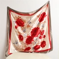 Elegant floral square satin silk scarf with red blossoms and contrasting gray border - Red Flower Grey Border (FT160-3)