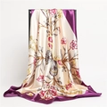 Elegant cream silk square scarf with butterfly and floral patterns and purple border - Purple Edge (FT163-4)