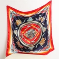 Detail of blue and red silk scarf featuring traditional Chinese dragon and crown patterns - 90*90cm / Red Border Style (FT165-4)