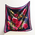 Detailed view of square silk scarf featuring navy blue and pink floral patterns - Navy Base Pink Flower (FT160-5)