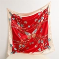 Detail of red square silk scarf featuring butterfly floral patterns and satin texture - Red Cream Edge (FT163-5)