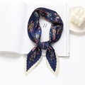 Elegant floral pleated 70cm square silk scarf with navy blue pattern on white background - Approximately 100cm / Navy Floral