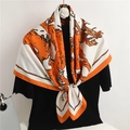 Silk feel square scarf with orange borders and black tree patterns for women - Orange
