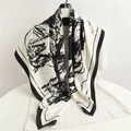Elegant large black and white silk scarf with abstract linear art print and wide border - Off White