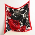 Elegant red rose satin square silk scarf for women featuring a glossy floral pattern - Black Red Edge (FT162-1)