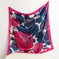Elegant silk scarf with artistic rose floral print in pink navy and white design - Navy Rose Red Edge (FT162-2)