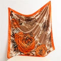 Elegant silk scarf with orange rose print and bronze background, large square shawl - Orange Coffee (FT162-3)