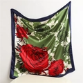 Elegant silk scarf with red roses on green background and navy blue border - Green Navy Edge (FT162-4)