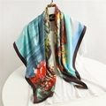 Elegant 90cm ethnic oil painting style silk scarf with colorful landscape print design - Cyan Blue & Coffee Border