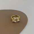 Detailaufnahme eines goldenen Sternrings mit Zirkon-Inlay auf einem dunklen Displayständer - Gold