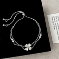 Silver clover charm bracelet with double chains and adjustable slider clasp - Silver
