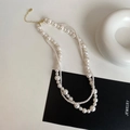 Collier de perles français double épaisseur avec chaîne dorée et carte bijoux - Collier de Perles à Double Rangée