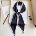 Elegant black and white floral twilly scarf with rose print and French style decor - Black (LE-12) / 147x14cm
