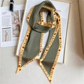 Close-up of olive green silk twilly scarf with yellow borders and floral rose patterns - Army Green (LE-14) / 147x14cm