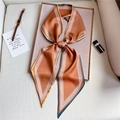 Dettaglio elegante sciarpa in seta arancione a righe annodata con accessori moda - Marrone