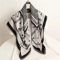 Black and white 90cm silk scarf with horse harness patterns and abstract feather prints - Black Grey (FN19-2)