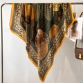 Retro chinese style silk scarf in dark green and gold with geometric floral patterns - Dark Green Antique Gold Retro Print (FE150-1)