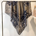 Baroque floral silk scarf in dark blue and gold satin finish on a display stand - Navy Grey Gold Baroque (FE149-2)