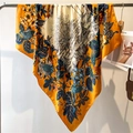 Elegant vibrant orange silk scarf featuring realistic blue leaves and floral bird prints - Vibrant Orange Floral Bird (FE105-2)