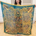 Elegant 110cm square silk-feel scarf with vintage emerald green and gold royal print - Dark Green Royal Equestrian (FE42-1)