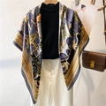 Classical purple-blue silk scarf with golden bird patterns over black knitwear - Purple Blue Gold Palace Style (FE120-1)