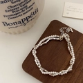 Detail view of double-layer pearl and silver bead bracelet with lobster clasp on wood - Double Layer Silver Beads Bright Pearl Wrap Bracelet (B-241)