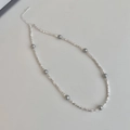 Detailed view of silver beads and grey pearls necklace with lobster clasp and chain - Spaced Grey Pearls Necklace