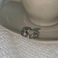 Detailed macro view of triple-layered silver moon and star ring with zircon stones - Star Moon Three-layer Micro-pave Ring / Silver